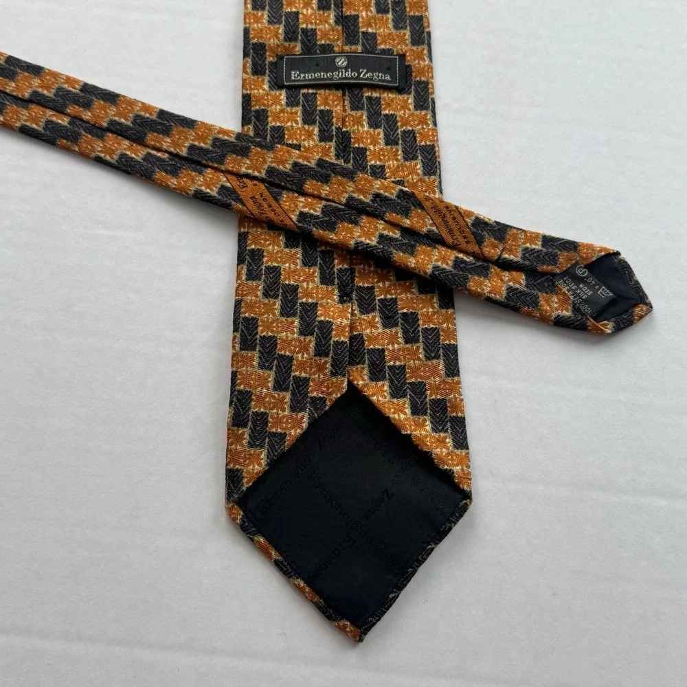 Ermenegildo Zegna Tie Men's Orange Black Houndstooth 100% Silk Made Italy